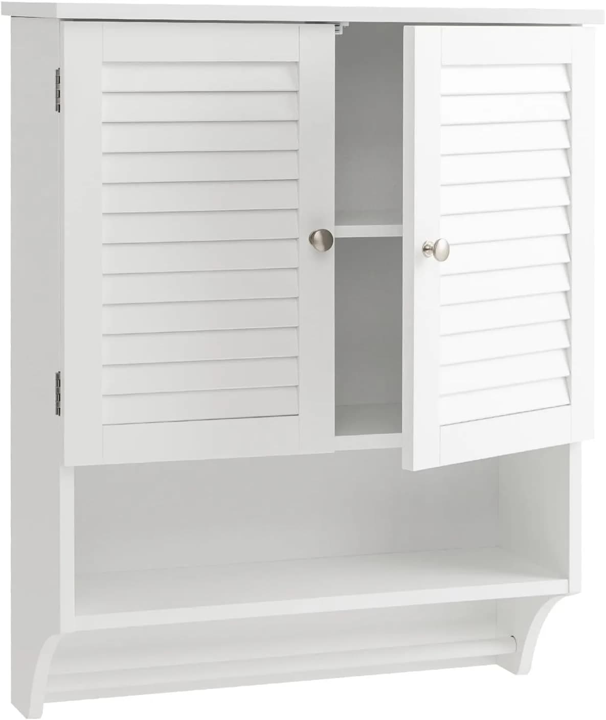 Armadietto da bagno, mobiletto contenitore con doppie ante a persiana, mobiletto a parete con ripiano aperto e portasciugamani, Ov