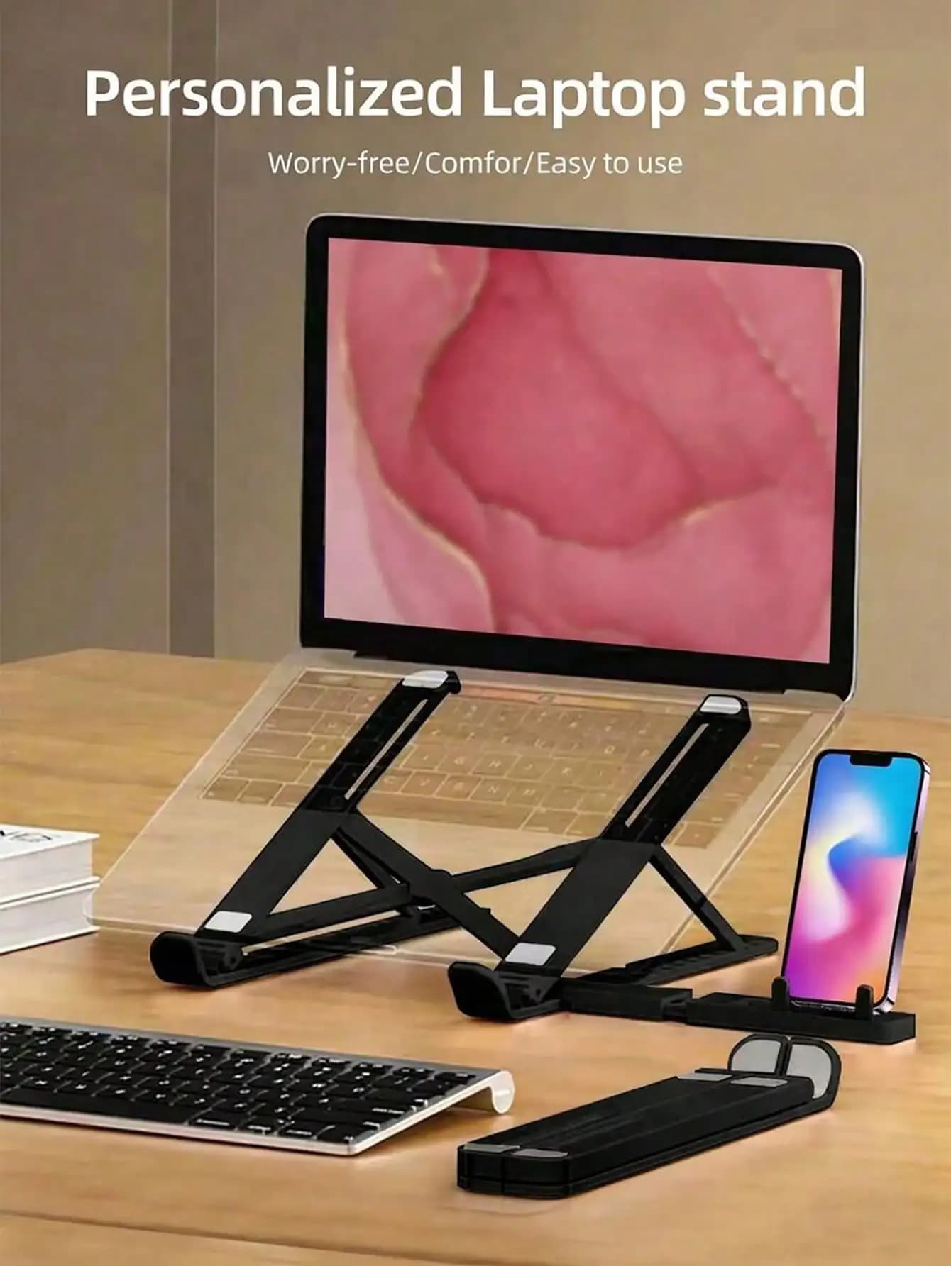 1-pack Black Foldable Portable Laptop Tablet Phone Stand with Extended Phone Holder Adjustable Cooling Stand