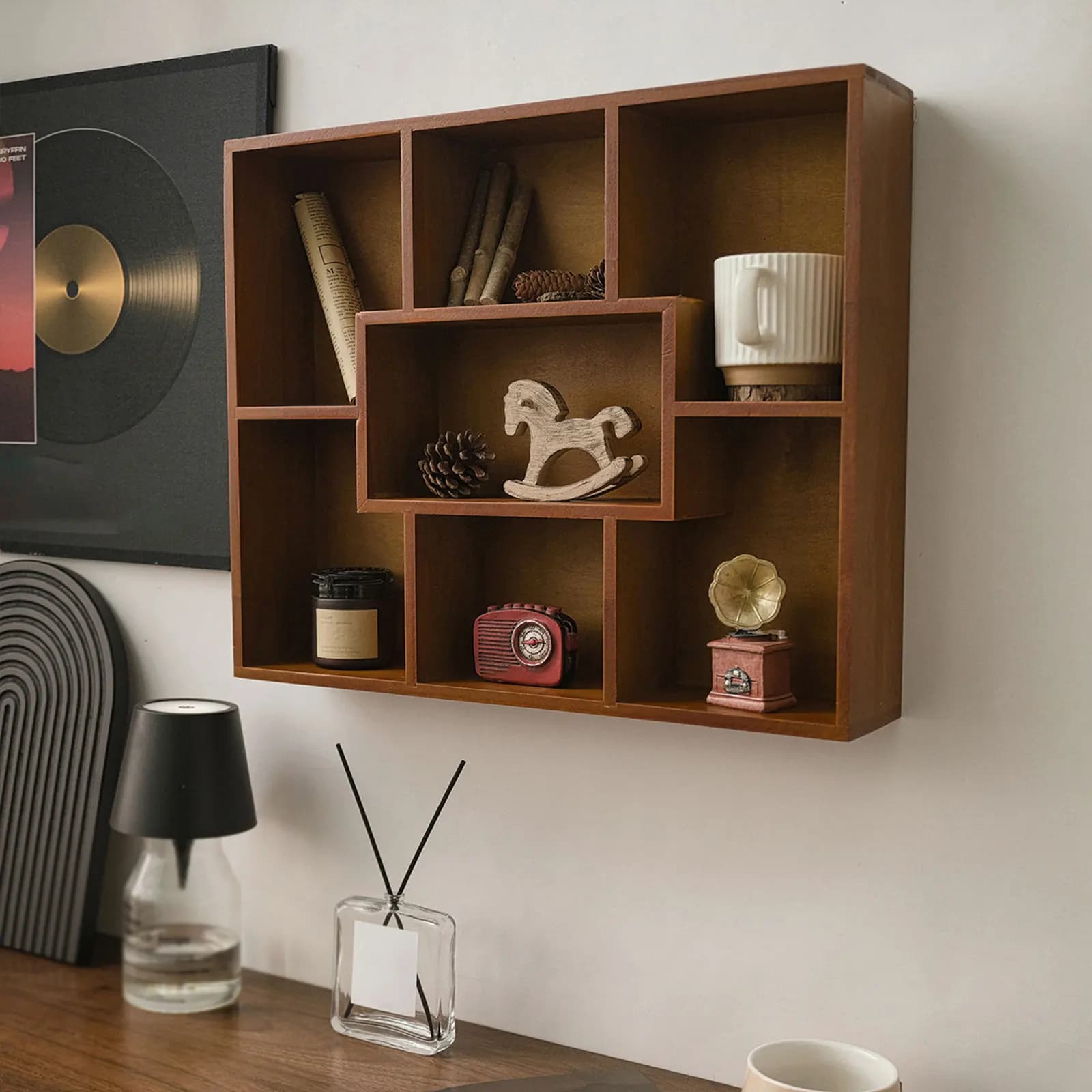 Square shape Corner Floating Wall Shelves Wooden Display Shelf with Dividers, Wall Mounted Organizer for Jewelry, Crafts