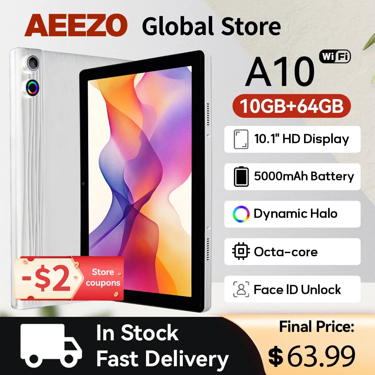 AEEZO A10 Tablet WIFI Face Unlock Tablet Display IPS HD da 10.1 pollici Widevine LI Android14 CPUA523 10GB + 64GB 5000mAh batteria PC Pad