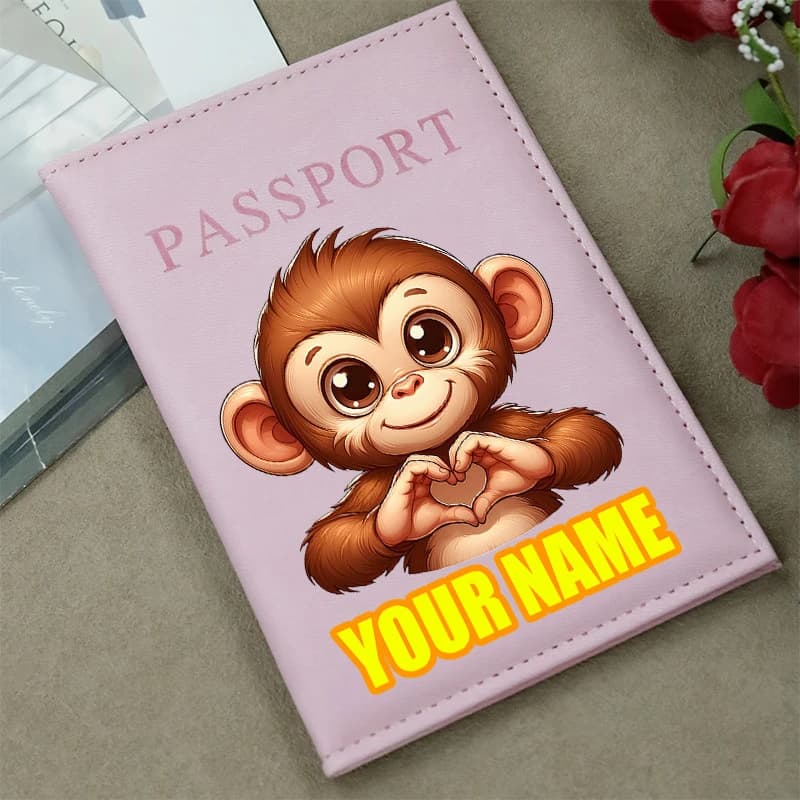 Personalized Monkey Face Passport Holder with Custom Name/Initials - Cute Monkey Gesture & Heart Shape, Suitable for Travel