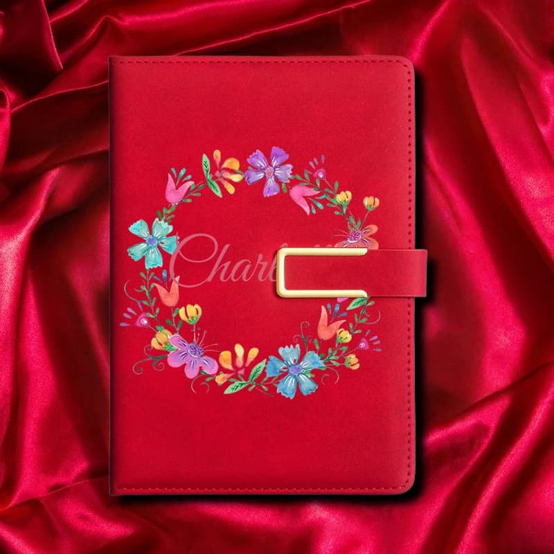 Custom Faux Leather Notebook with Custom Name - Floral Monogram Hardcover Journal, A5 Size Textured Cover Diary for Work, Travel
