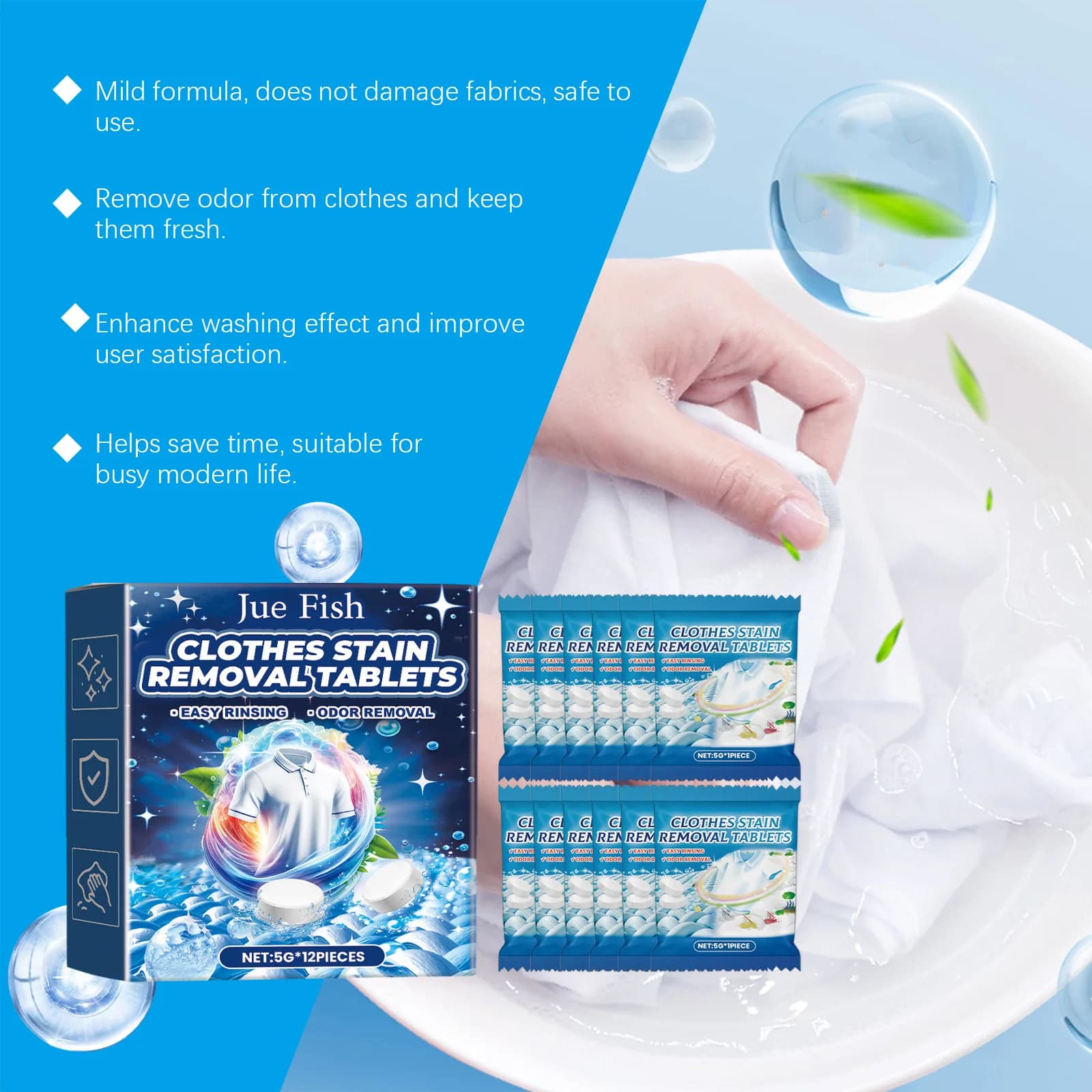 Jue-Fish 12 pz Compresse per la rimozione delle macchie di tessuto Teimoso Sporco Olio Pulito Candeggina Vestiti Decontaminazione Abbigliamento Compresse per la pulizia
