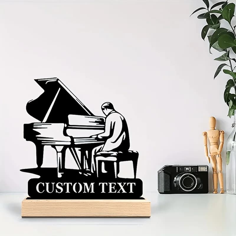 Statua di Pianoforte in Metallo Personalizzata con Incisione, con Testo e Base in Legno, Decorazione per Casa/Ufficio, Regalo per Amanti del Pianoforte e Appassionati di Musica