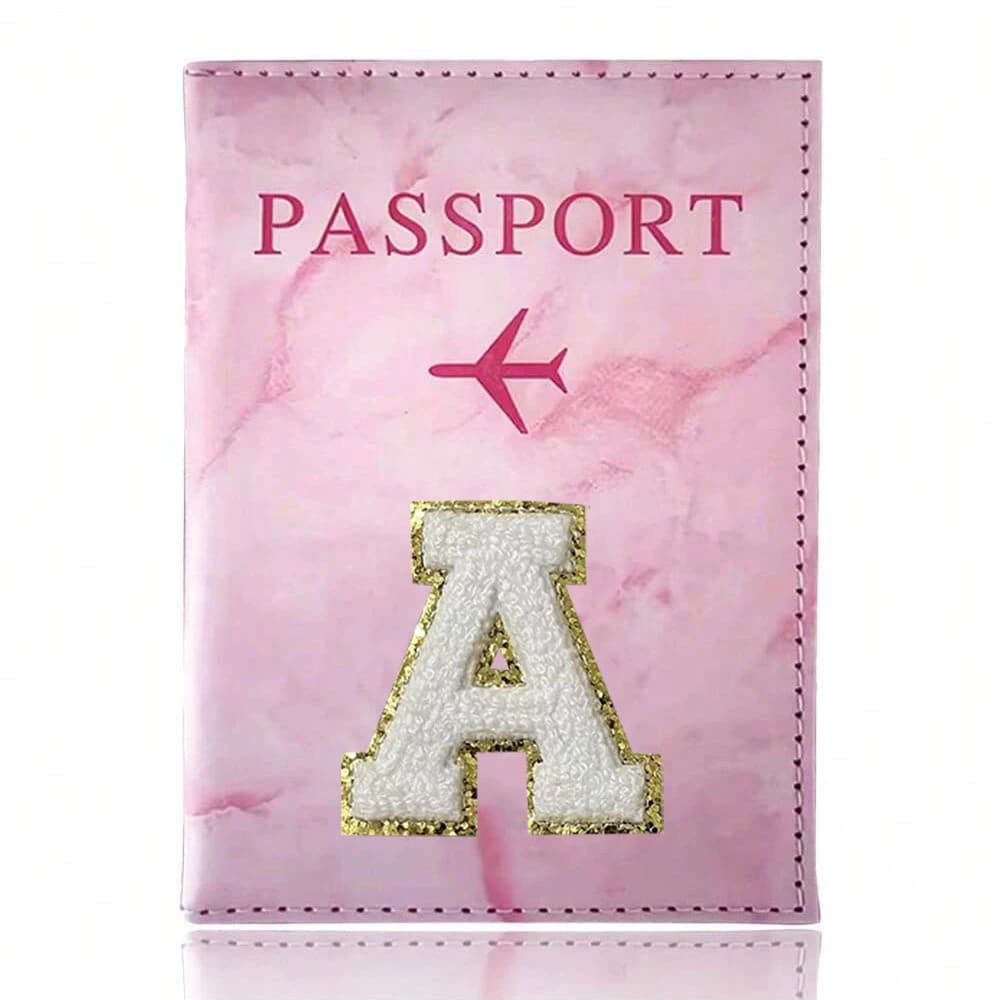 Pink Embroidery A-Z Letter Passport Cover Travel Wallet Card Holder Portable Document Case Nice Holiday Birthday Travel Gift
