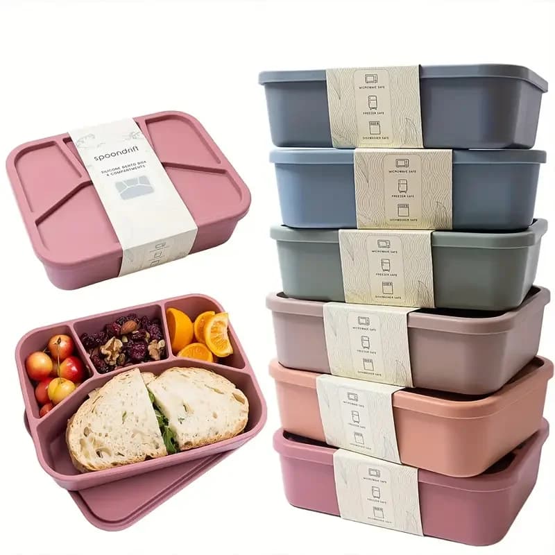 Portapranzo in silicone ecologico a prova di perdite per uso alimentare, adatto per bambini e adulti, 4 scomparti, 3 colori tra cui scegliere