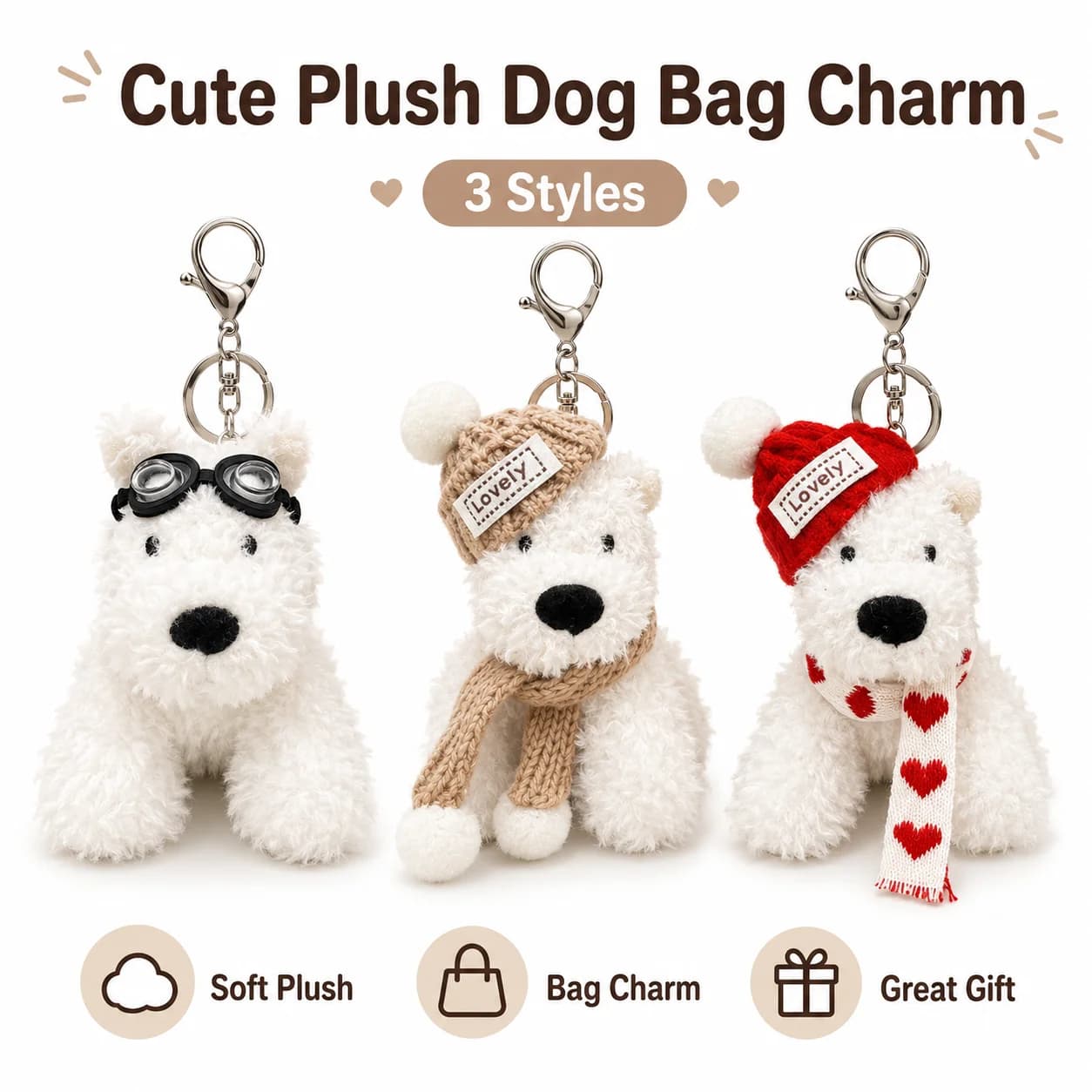 1pc Cute Curly White Dog Plush Keychain Soft Fluffy Puppy Bag Charm With Goggles Knit Hat Scarf 3 Styles Optional Mini Stuffed Doll For Handbag Backpack Decor Creative Holiday Gift