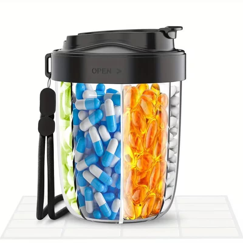 Organizer for pills to 7 compartments, large container for supplements, carry travel vitamins, pill box with straw