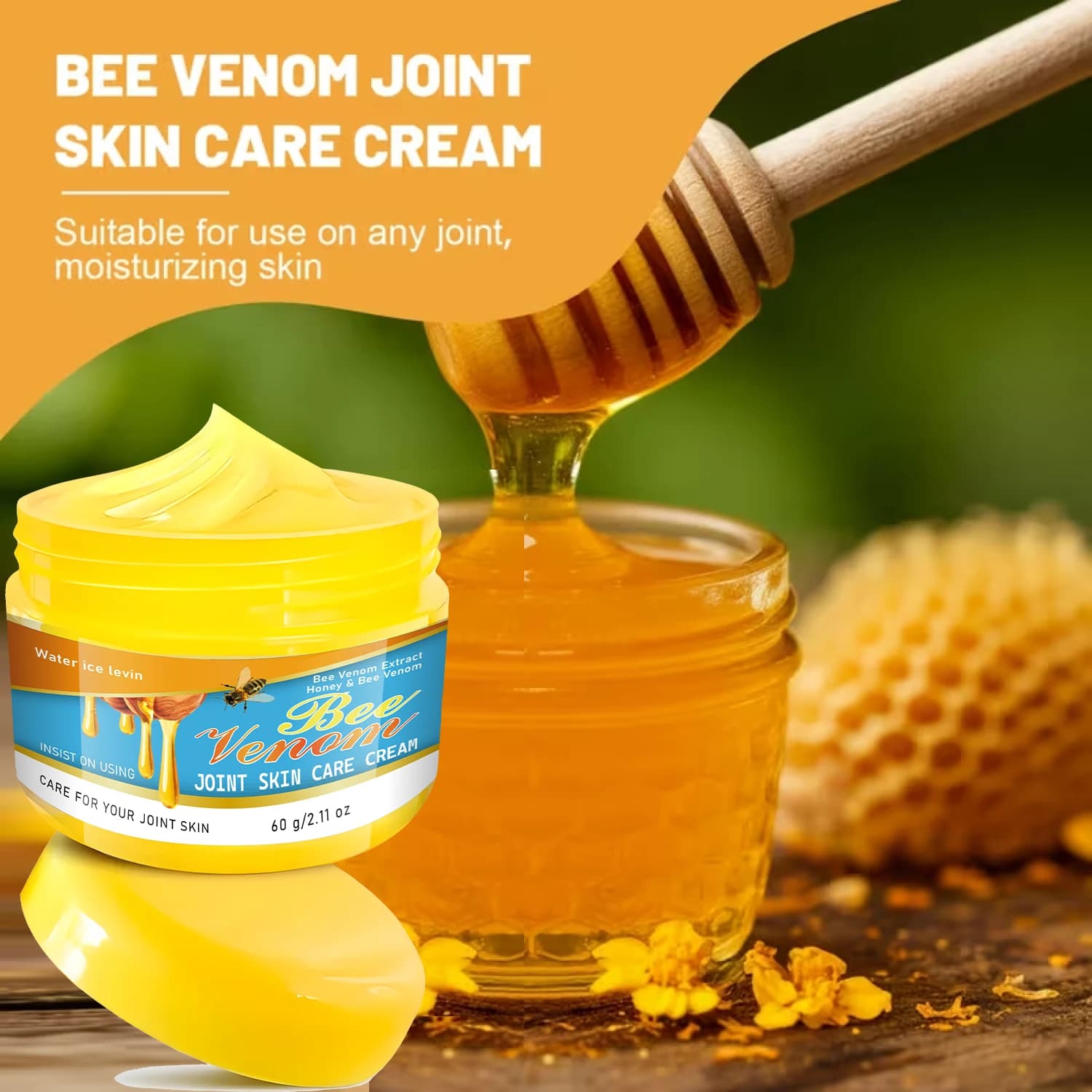 Cream for skin care and joints to bee venom. Hydrate any joint area. Bee venom extract formula. It soothes and nourishes the skin. 60g.