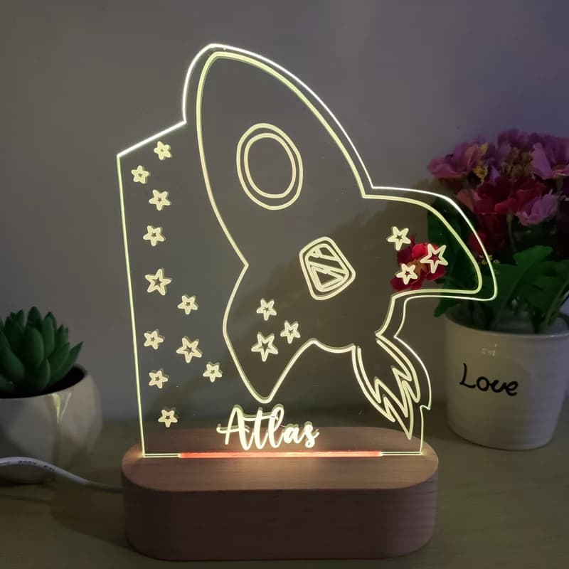 Lampada da notte in acrilico con nome del cliente, decorazione per la camera da letto dei bambini, luce a LED personalizzata a tema razzo