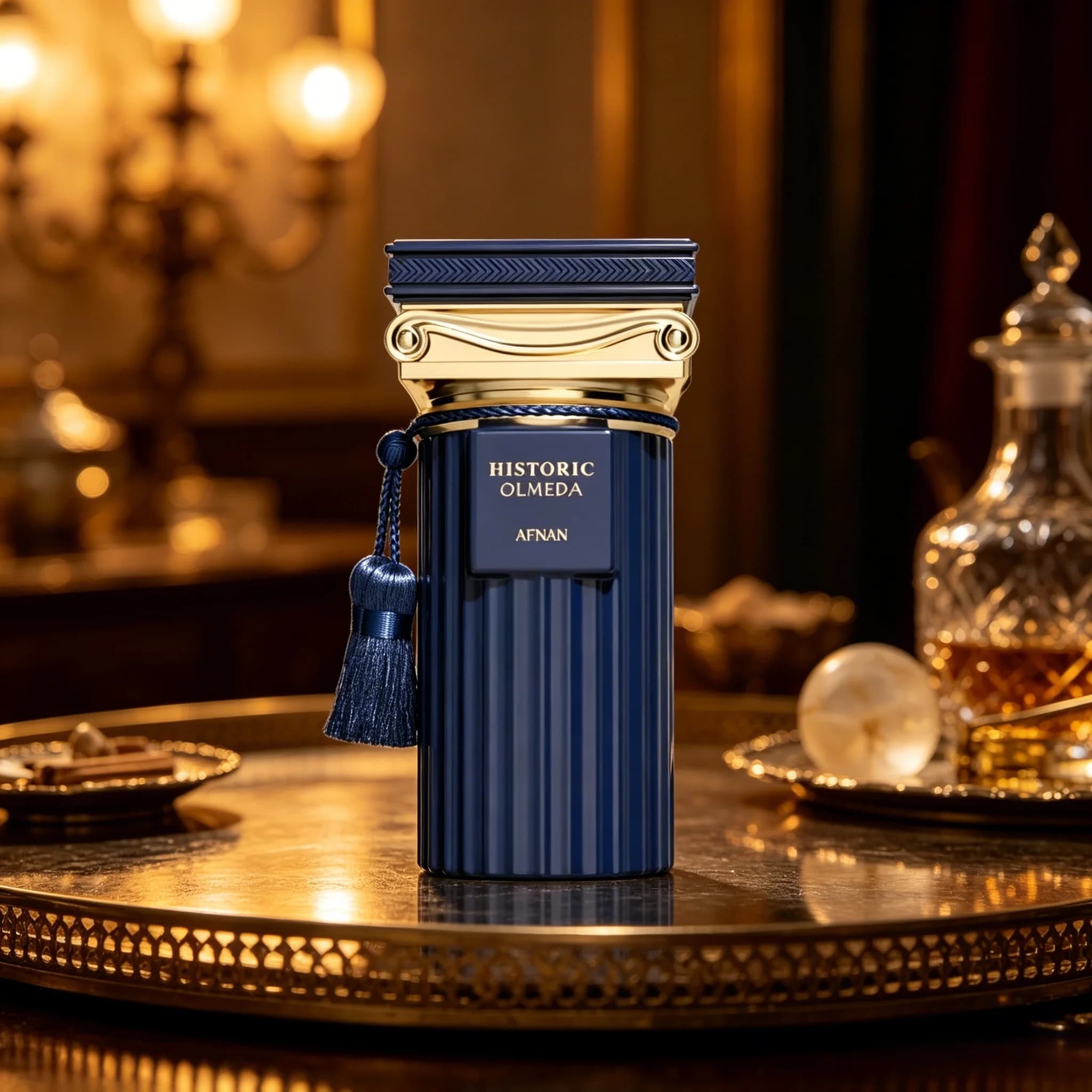 Afnan Historic Olmeda Unisex Eau de Parfum Rich Woody Oud Spicy Scent Glossy Dark Blue Roman Column Bottle Blue Silk Tassel Long Lasting Luxury Vintage Fragrance Premium Holiday Gift for Men and Women