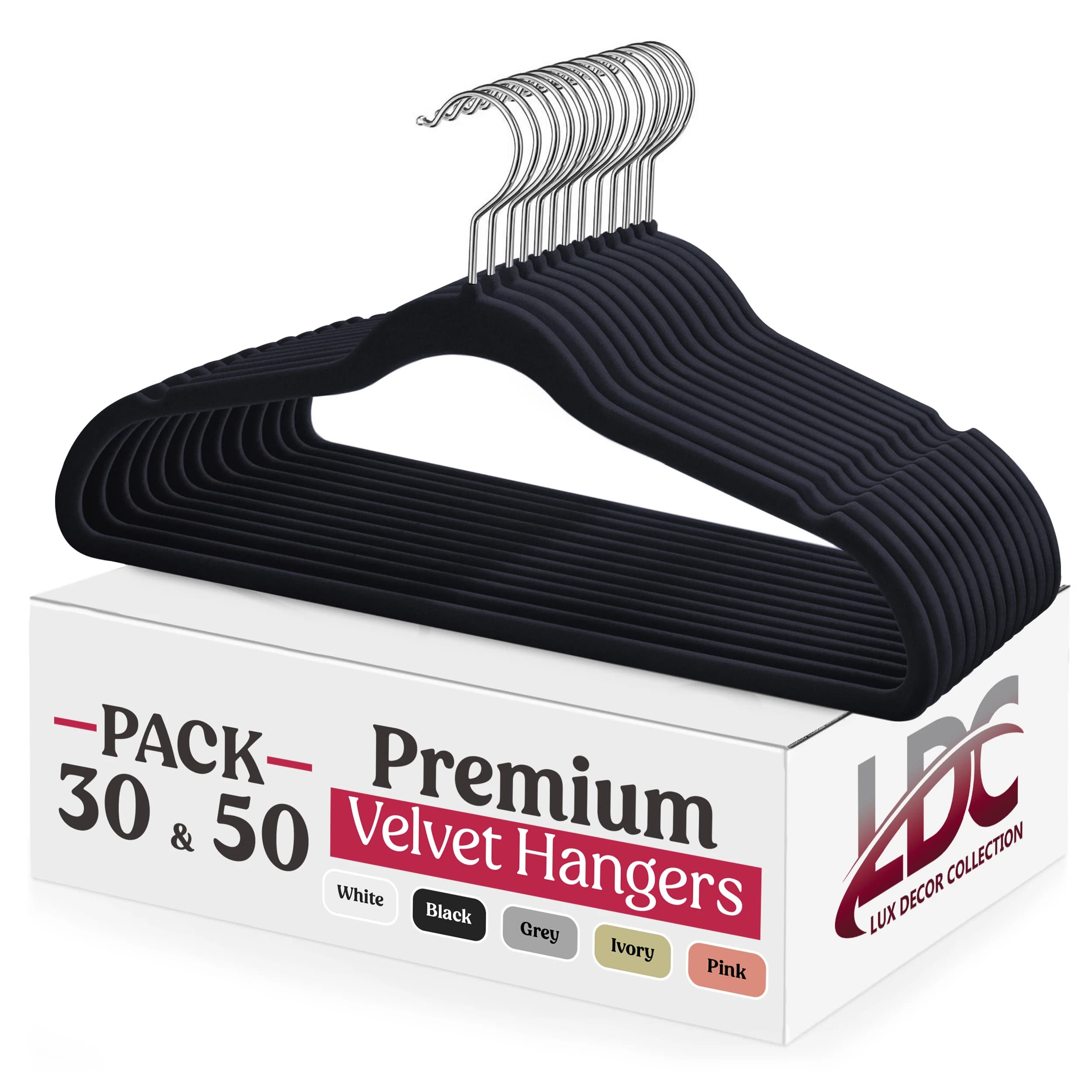 Pack of 30/50 Lux Decor velvet hangers – premium heavy duty non-slip hangers with 360° swivel hook for clothes and coats