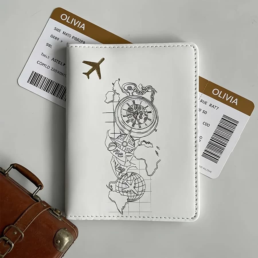 Custom Name Text Passport Holder, Minimalist Leather Travel Wallet for Men Women Business Trip Use
