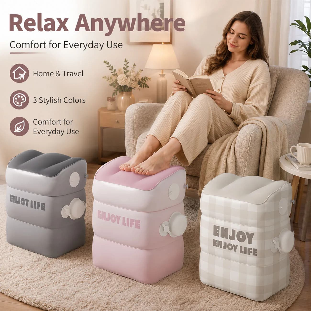 1PC Inflatable Foot Rest Pillow for Travel,AdjustableAir Travel Essentials,Car, Office, Home - Fast Inflation