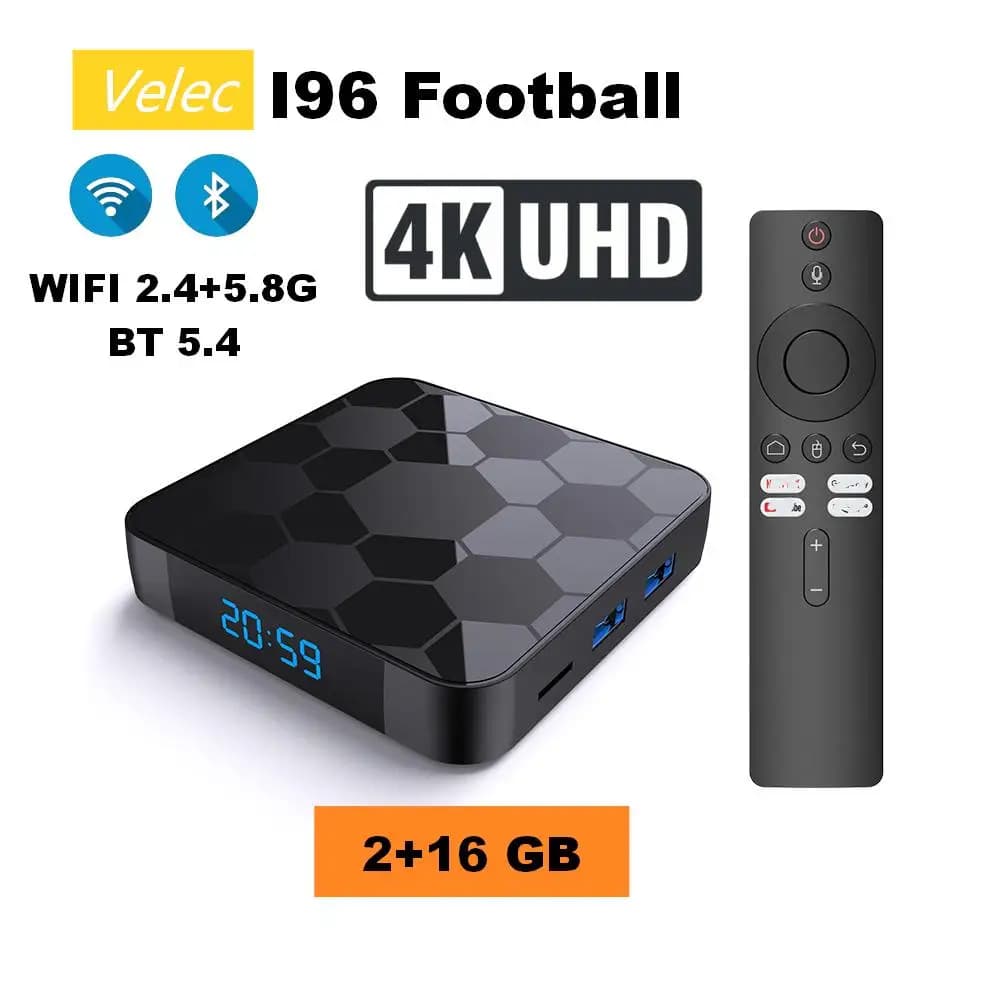 Velec I96 TV Box Limited Edition 4K UHD 2+16GB, Set-Top Box Smart Android 14 with Voice Control, Quad-Core, Multimedia Play in Streaming