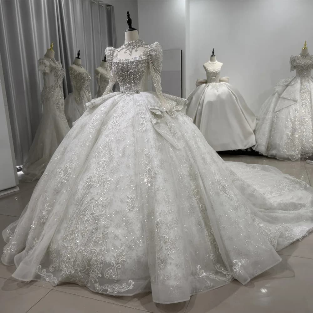 Abito da sposa da donna a maniche lunghe con lacci sul retro, abito da ballo con paillettes, perline e cristalli.
