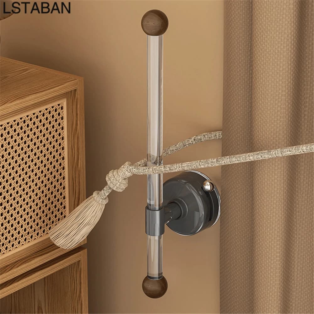 Walnut Wooden Curtain Holder No Drill Curtain Fixator Self-adhesive White Grey Wall Mounted Window Curtain Hook Rod Home Storage