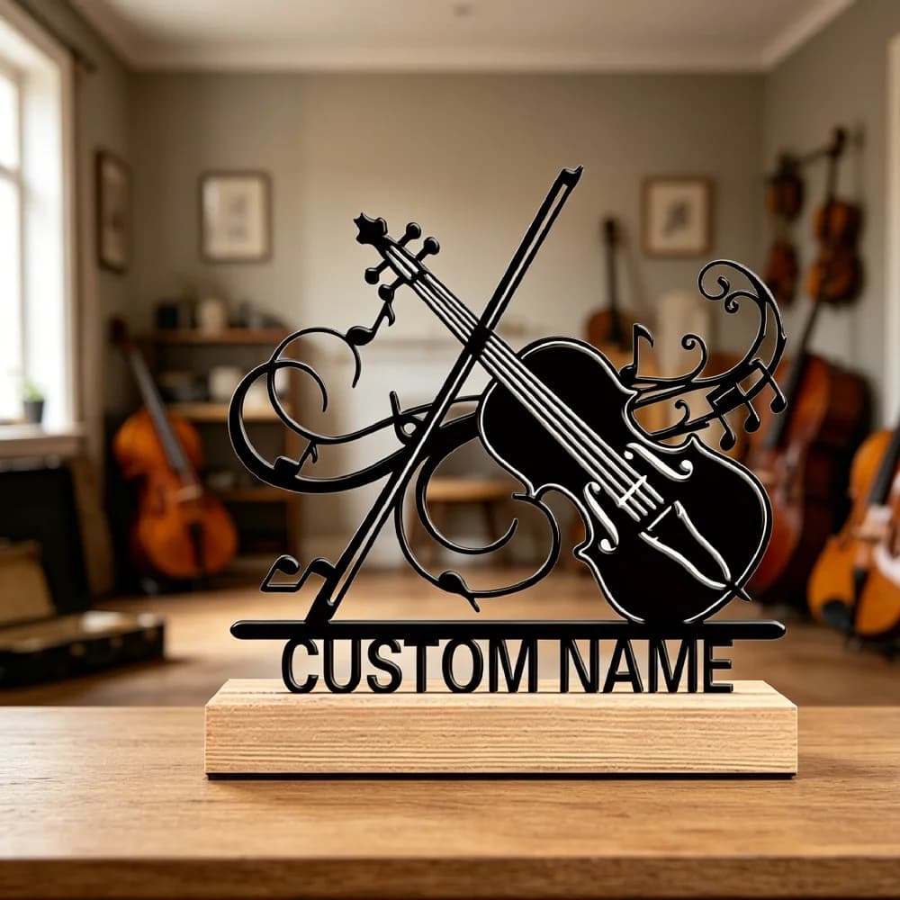 Decorazione in Metallo Personalizzata per Violino e Violoncello, Nome Personalizzato, Ornamenti da Scrivania con Design Musicale, Regalo per Musicisti, Decorazione per Casa/Ufficio/Club