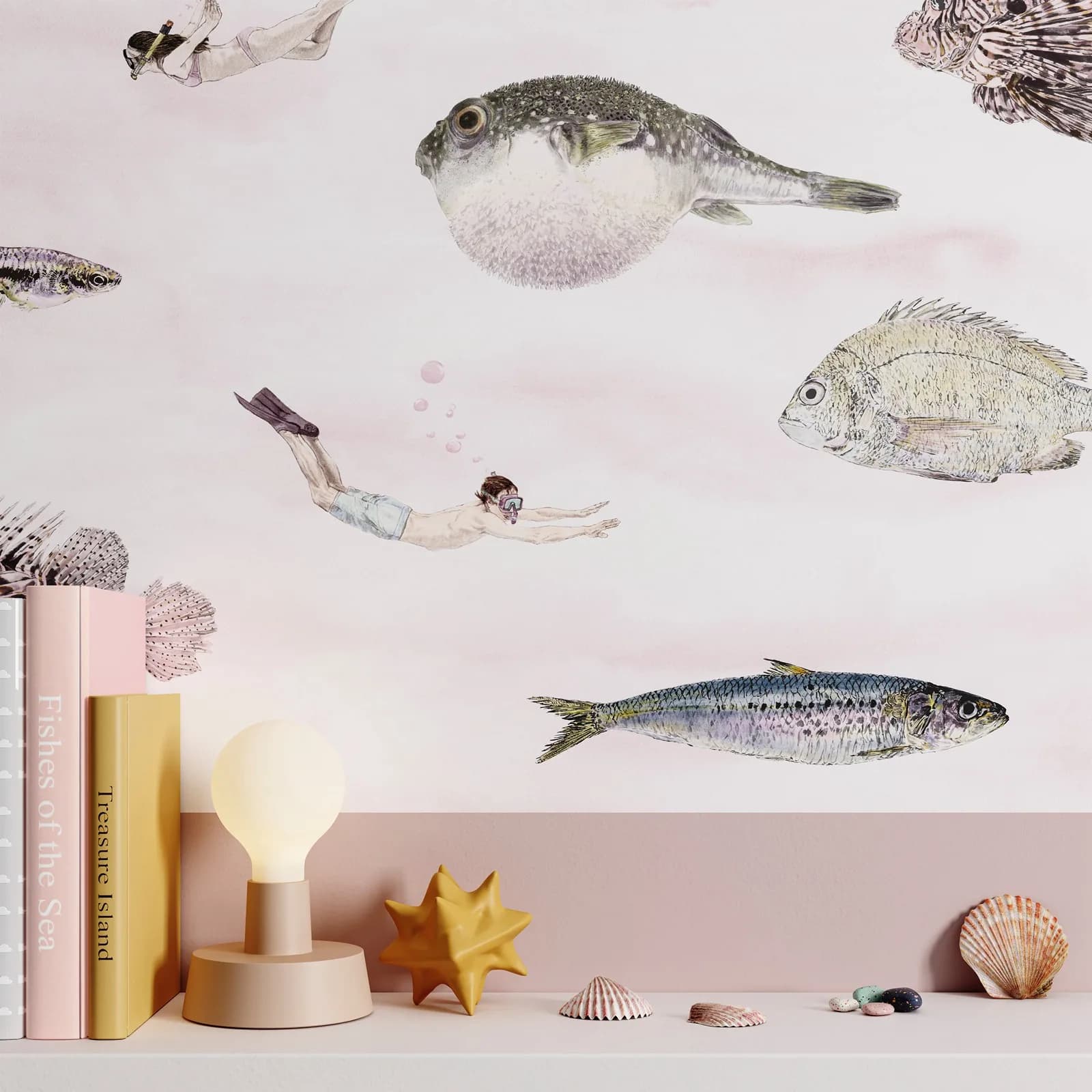 Carta da parati classica per pesci, carta da parati per Acquario carta da parati nordica pinl back sea fishes in stile scandinavo