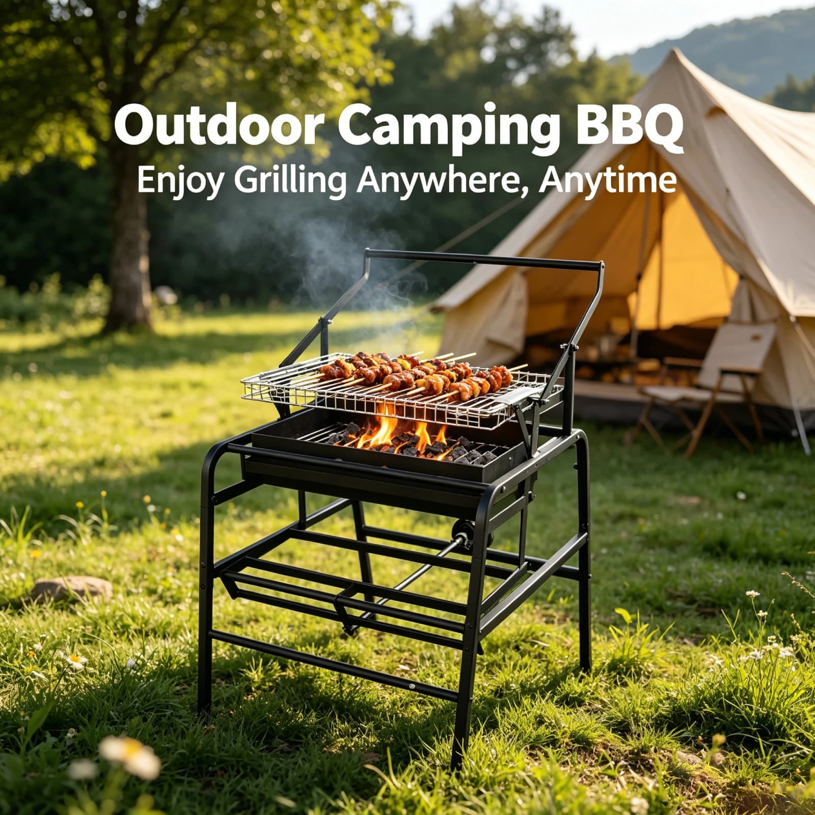 Flip BBQ Grill Detachable with 180° Flipping Basket Stand up Charcoal Grill Square Detachable for for Camping Garden Barbeque