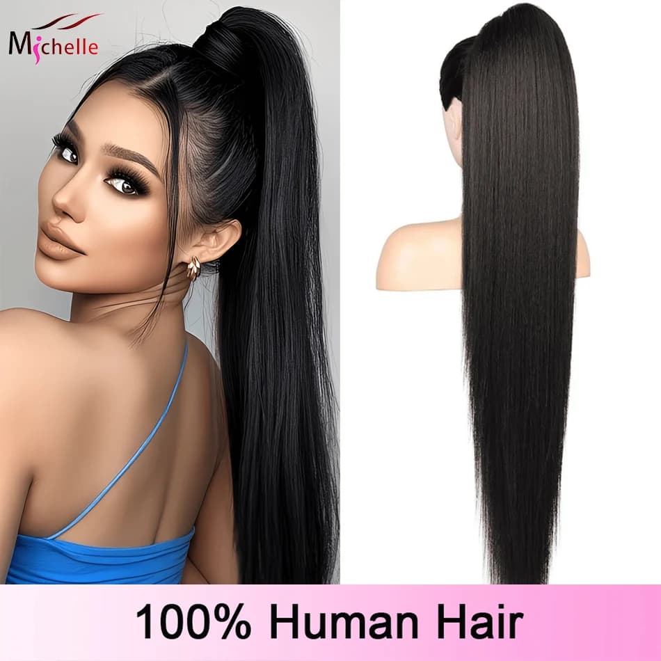 Clip In Straight Ponytail Extension 100% Virgin Human Hair Wrap Around Drawstring Ponytail Natural Soft Clip in Hair Extensions