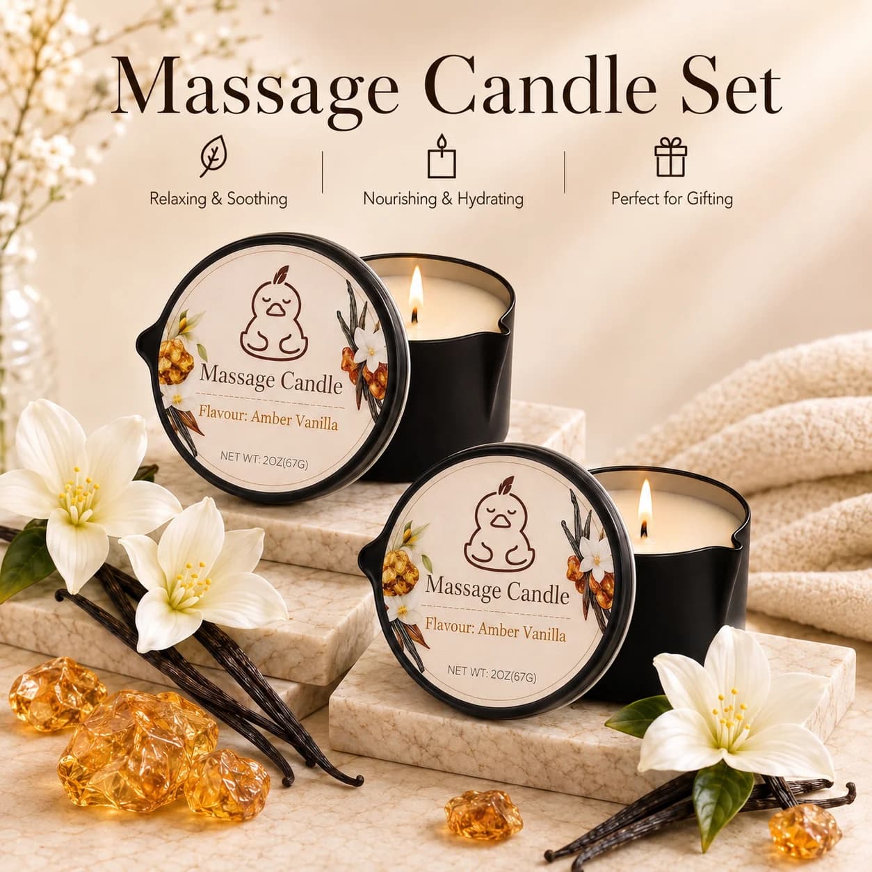 2 Pack Amber Vanilla Massage Oil Candle Set, 2oz Scented Candles for Body Massage, Warm Sweet Aromatherapy Candle, Nourishing & Hydrating Home Spa, Relaxing & Soothing Self Care Gift for Women, Couples, Birthday, Anniversary, Valentine’s Day Gift