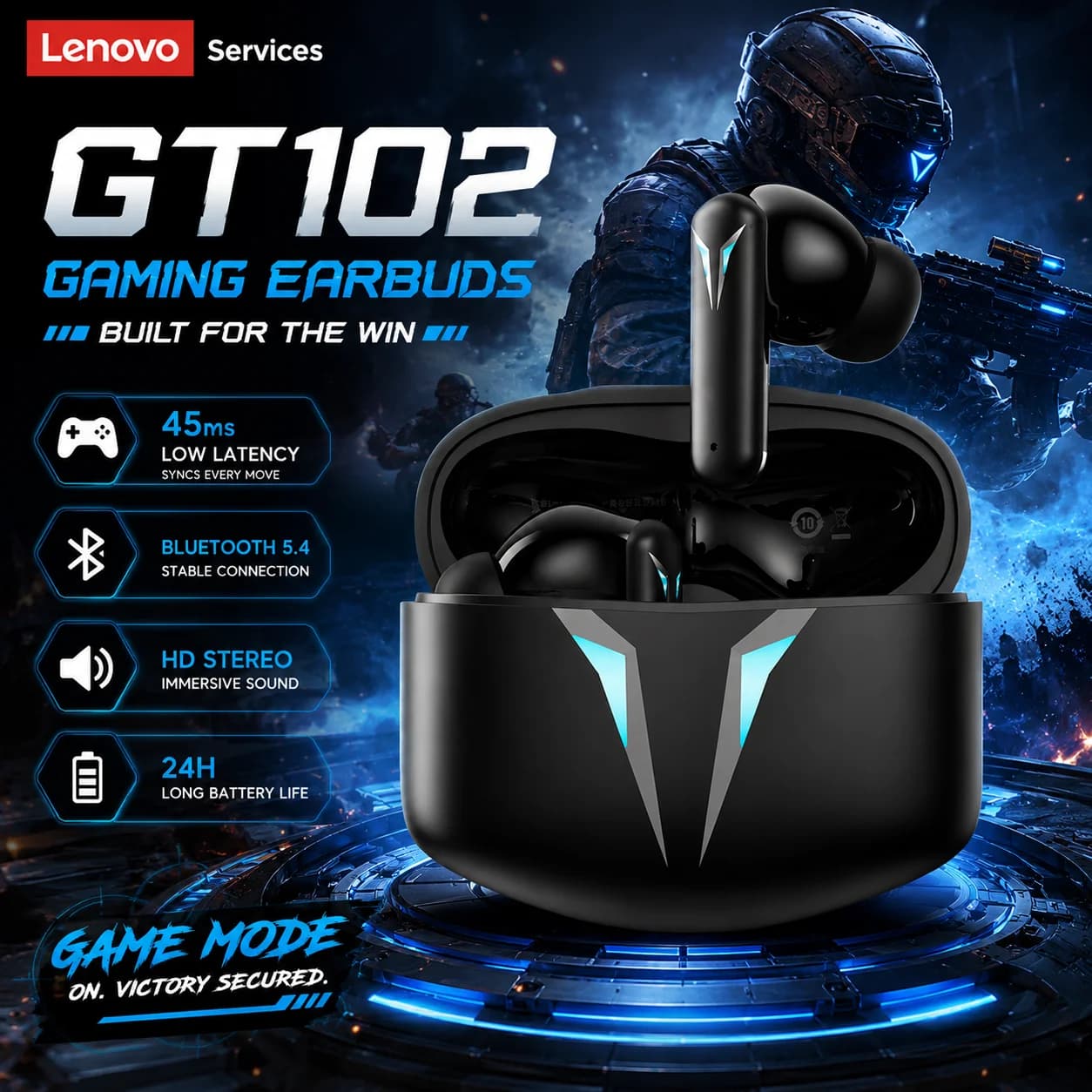 Lenovo GT102 Gaming Earbuds Bluetooth 5.4 Low Latency TWS Headphones HiFi Stereo Bass ENC Mic 24H Playtime for FPS Mobile Games