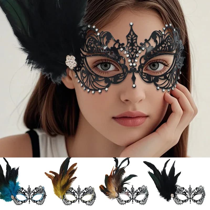 Halloween Half Face Mask with Glitter Rhinestones Metal Iron Gradient Feathers for Masquerade Party Elegant Cosplay Accessory