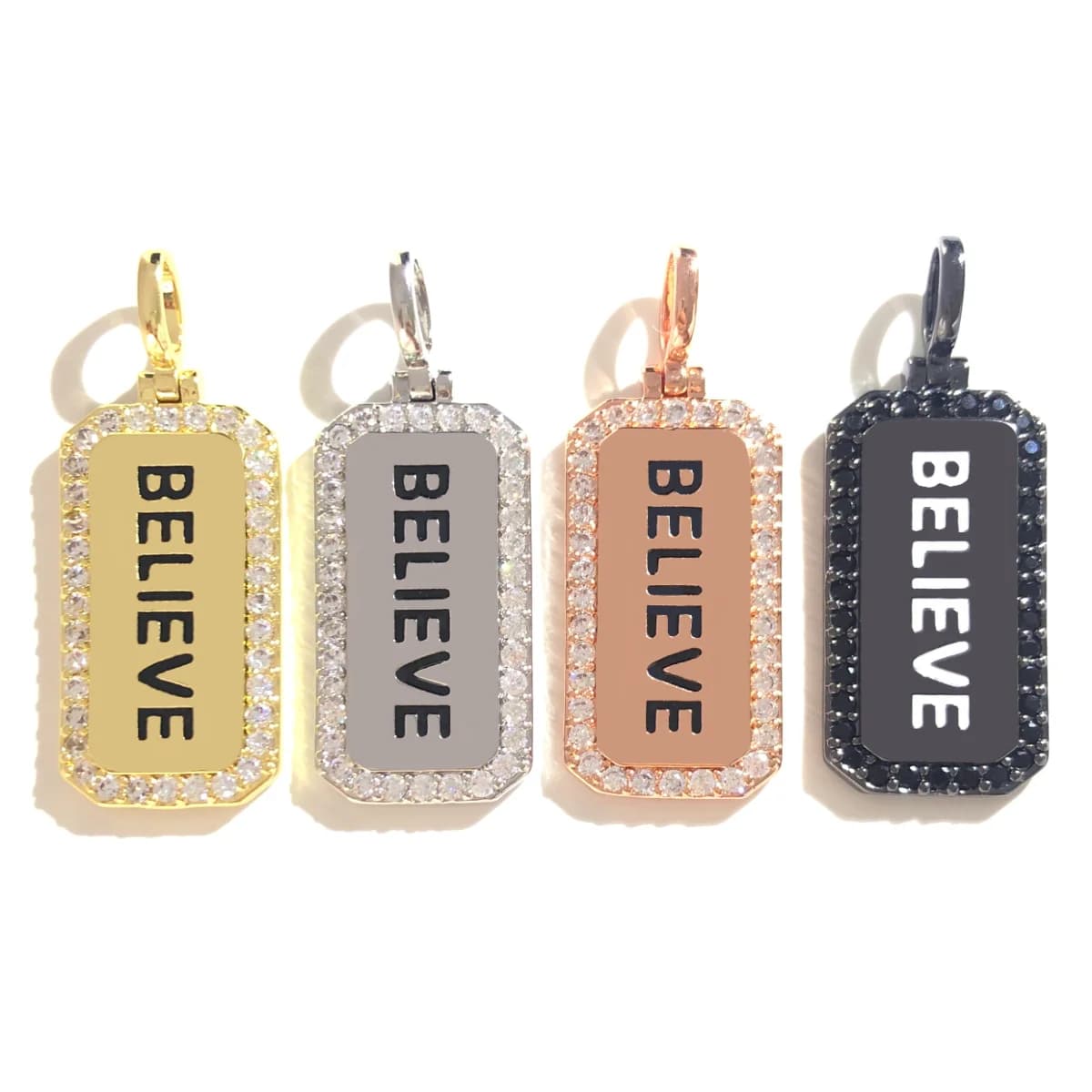 5 pz BELIEVE Parola Tag Fascino Citazione Religiosa Ciondolo per Le Donne Ragazza Bracciale Collana Che Fanno Micro Pavimenta Placca D'oro Bling Gioielli