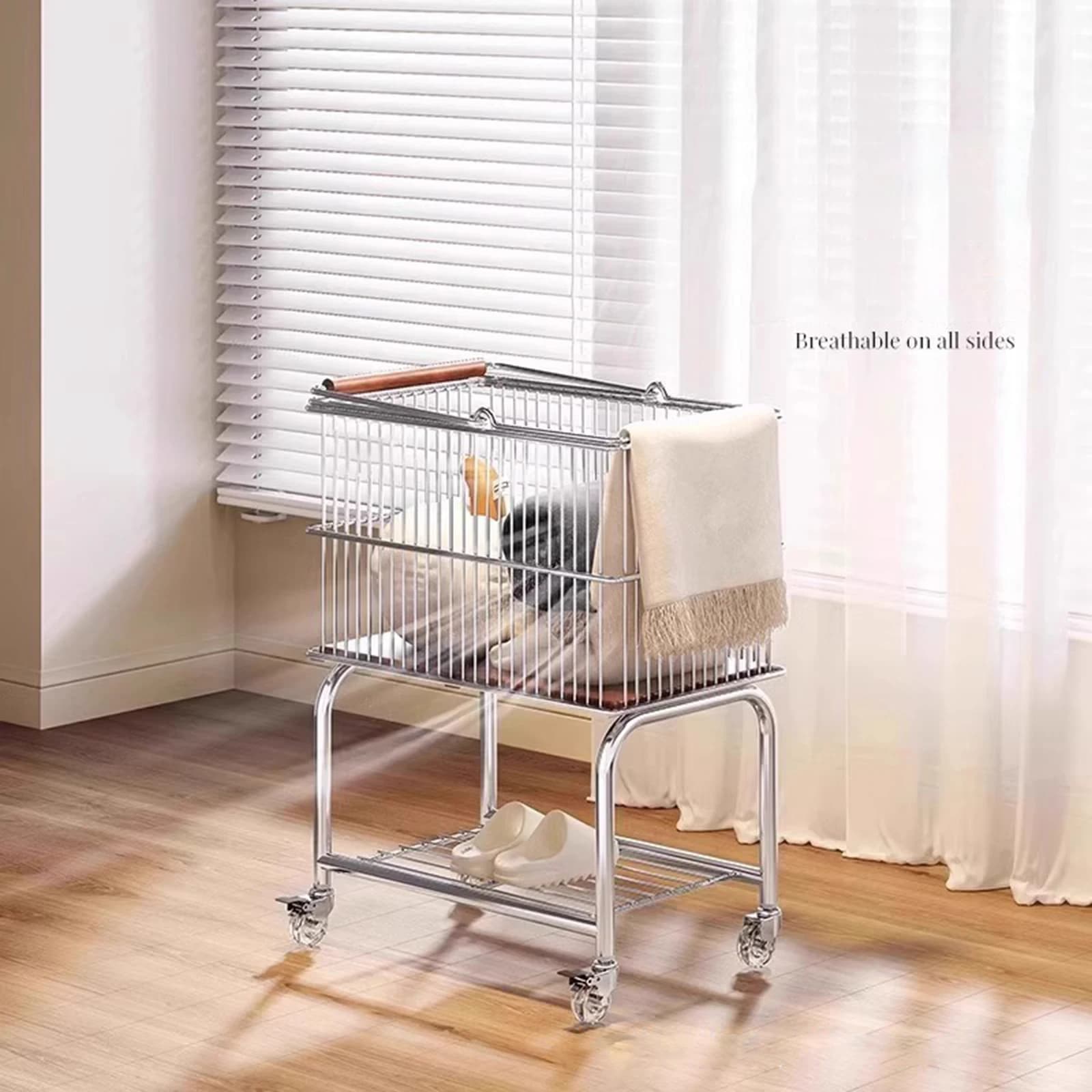Metal wire linen basket with wheels, steel frame, portable, removable, multi-purpose, for dirty clothes