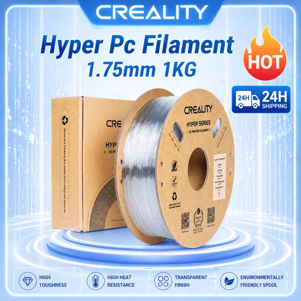 Filamento Creality Hyper PC 1.75mm 1KG Trasparente Resistente e Rigido ad Alta Resistenza al Calore Nuovo Filamento per Stampanti 3D per Tutte le Stampanti 3D
