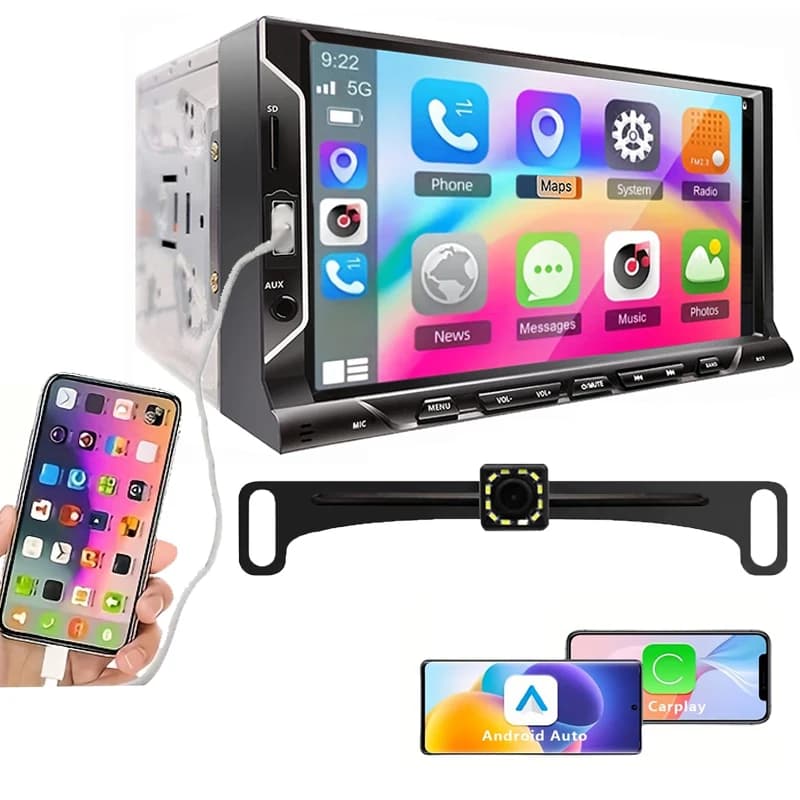 Autoradio 7 Double Din with Apple CarPlay Support, Android Auto, Mirror Link, Touch Screen, Radio for Cars with B