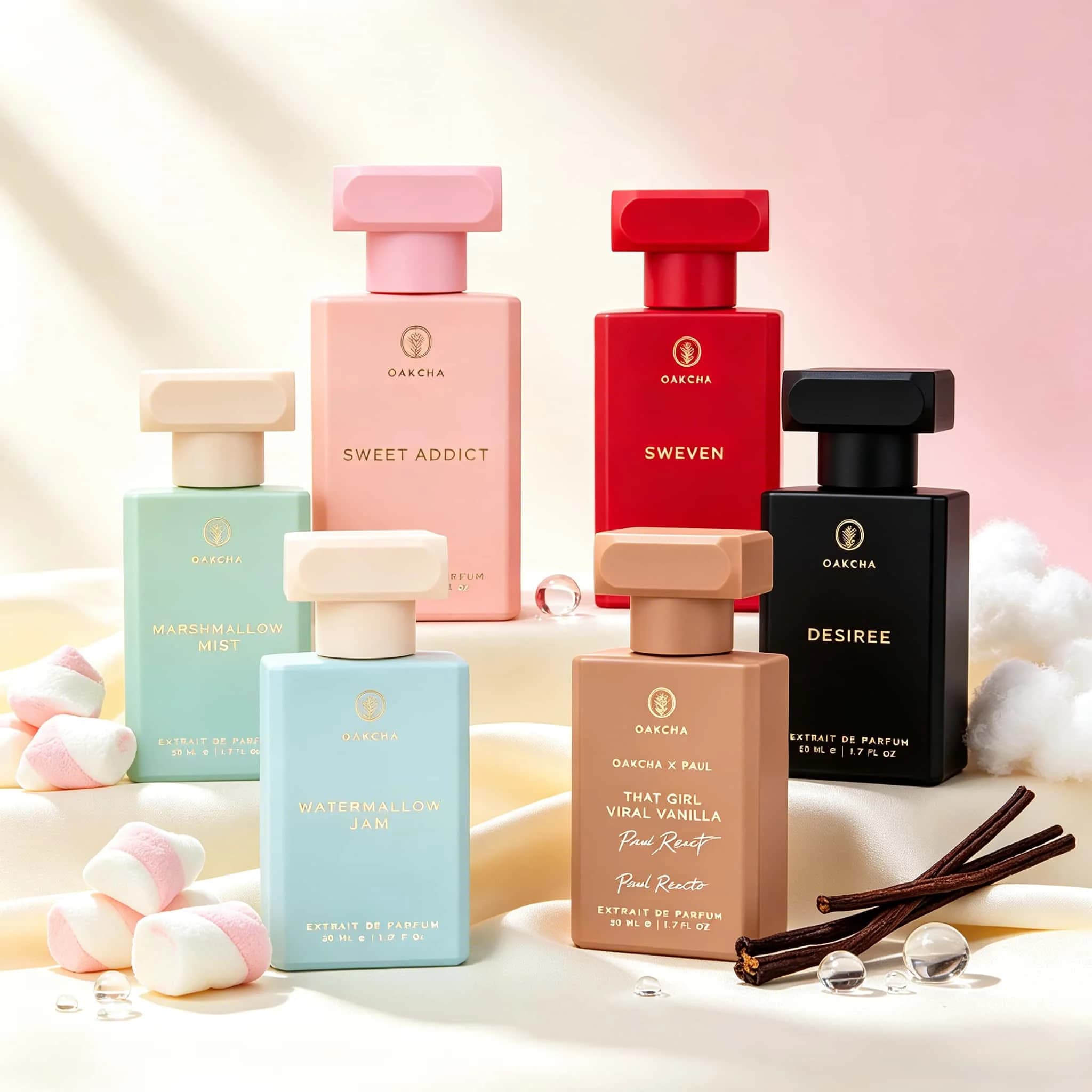 Oakcha Full Collection (6 Scents, 50ml): Choose from options like Marshmallow Vanilla, Watermelon Fruit, and Rose Oud. High-concentration, long-lasting fragrance suitable for daily wear—from casual dates and work commutes to evening events—appealing to