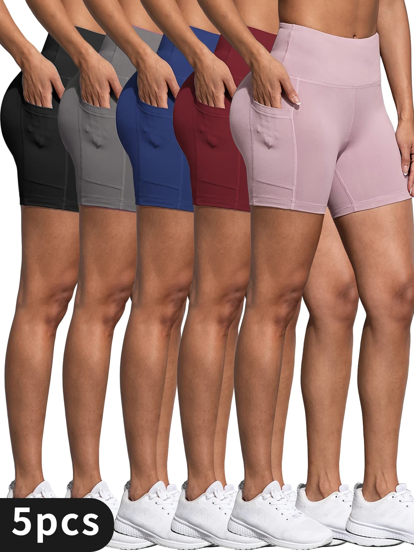 Pack of 5 women's high waist yoga shorts with pockets, stretched shorts for fitness, running, cycling and training with belly control