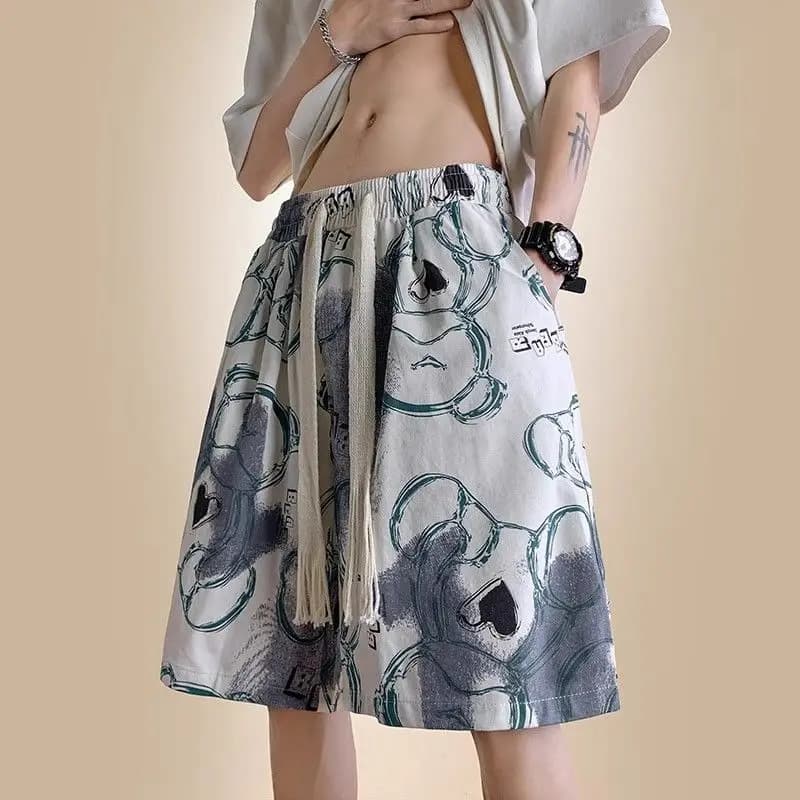 Cool Bear Print High Street Oversize Basketball Shorts for Men's Black Summer Korean Wide Leg Casual Gothic Shorts Boys