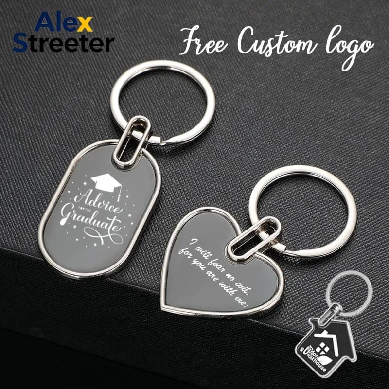 ALEX STREETER Portachiavi in Metallo Personalizzato Gratuito con Incisione Laser, Portachiavi a Cuore Nero, Portachiavi Rotondo, Regalo Aziendale