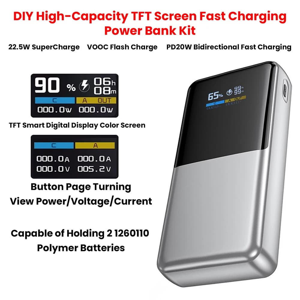 22.5W Fast Charging 2x 1260110 Battery Case 0.96 inch TFT Color Screen Digital Display DIY Power Bank Kit Compact Portable Power