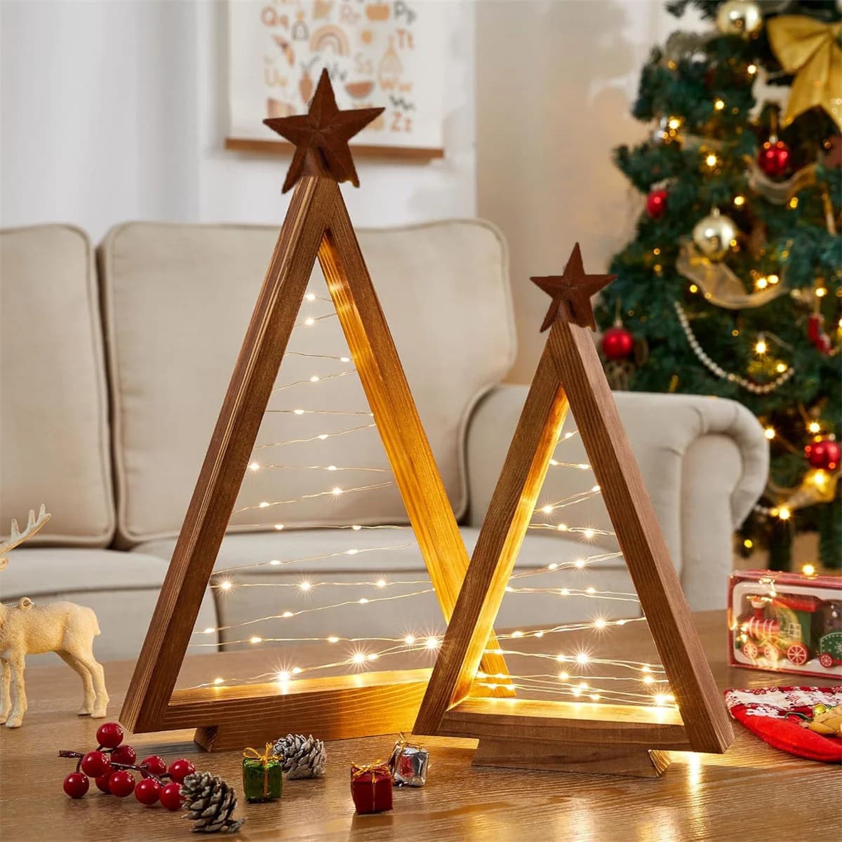 Albero di Natale in legno da 2 pezzi/set con luci, albero di Natale da tavolo illuminato in fattoria moderna per decorazioni natalizie