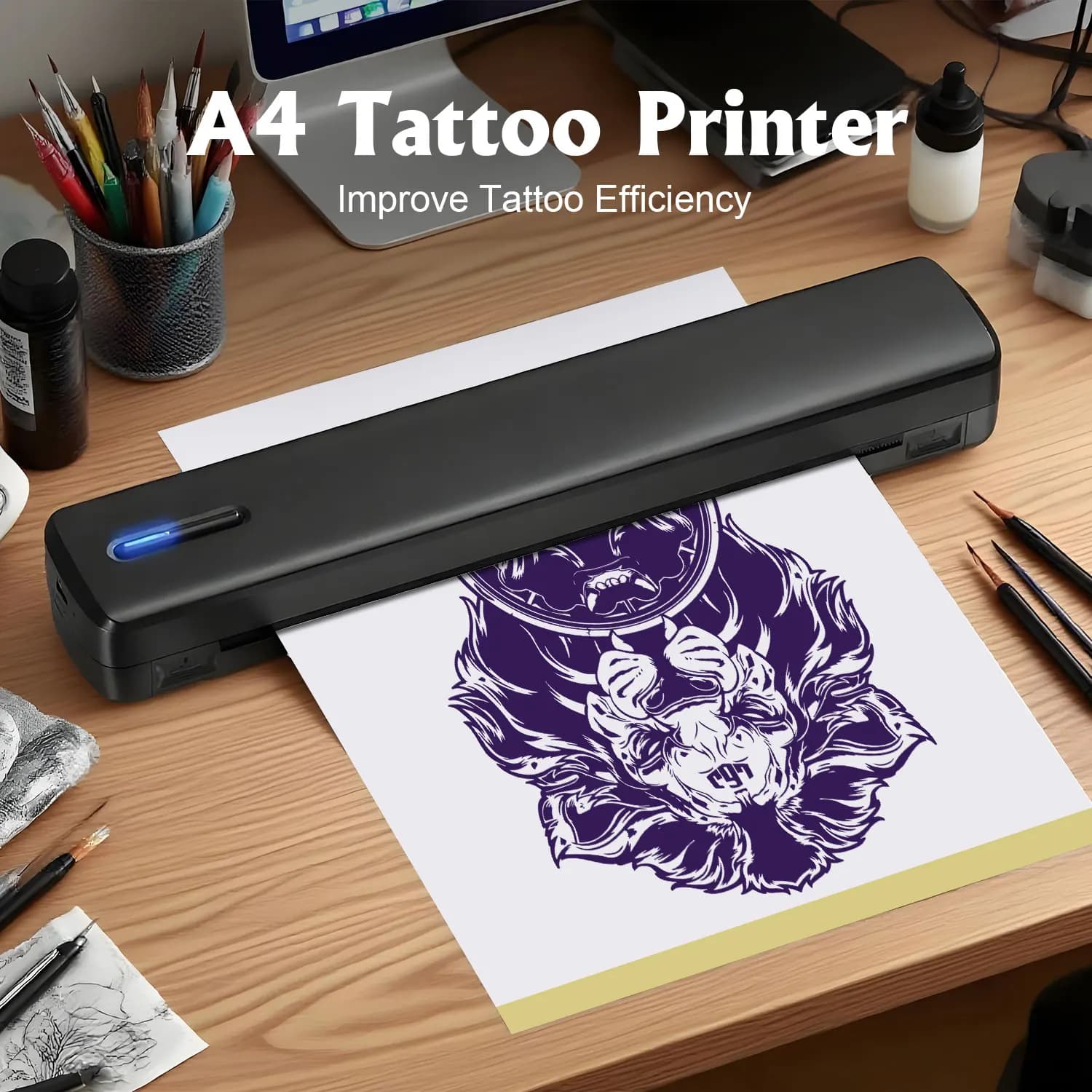 Stampante termica portatile A4, stampante per tatuaggi, batteria ricaricabile da 1500 mAh, connettività wireless e connettività APP.