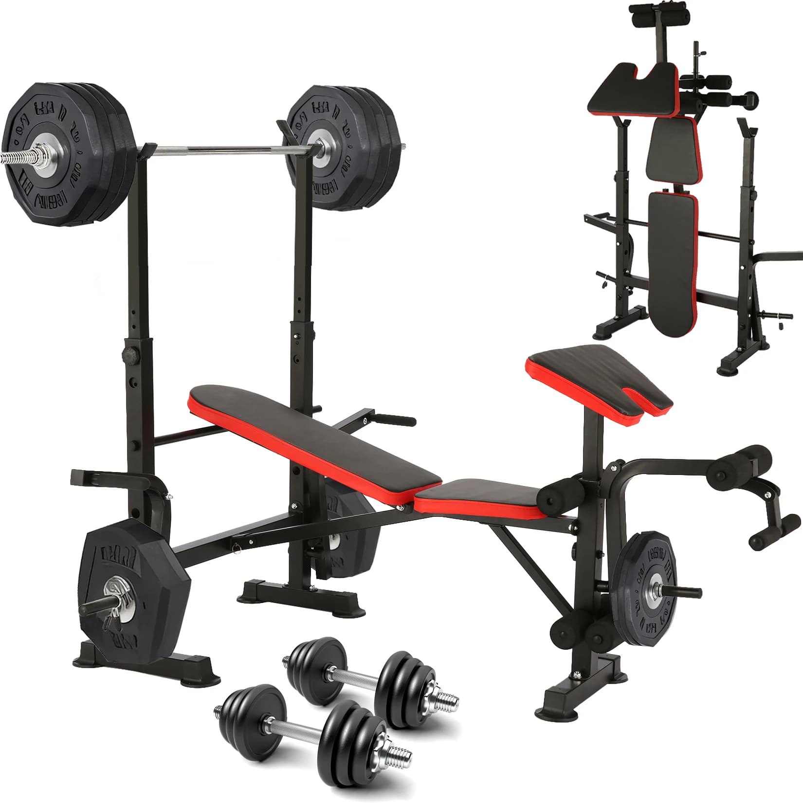 Bench set 6 in 1 660lbs with Squat Rack, bench set with barbell support, adjustable tilt force training