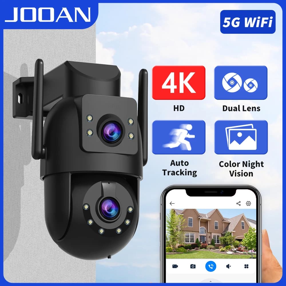 JOOAN 4K PTZ WiFi camera for Exterior, Double Screen, Zoom 5X, Automatic Tracking, Night Vision, CCTV Video surveillance