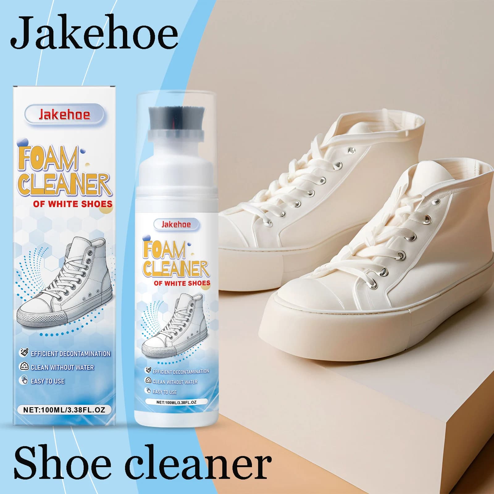 Jakehoe Detergente per scarpe bianco con spazzola Rimuovi sporchi ostinati Pulizia Bordo giallo Mantiene il detergente per sneaker a bolle senza acqua
