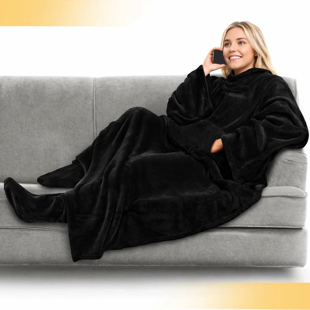Coperta Indossabile Nera con Cappuccio – Coperta in Pile Oversize con Maniche, Cappuccio e Tasca, Morbida e Calda Coperta Avvolgente per Adulti