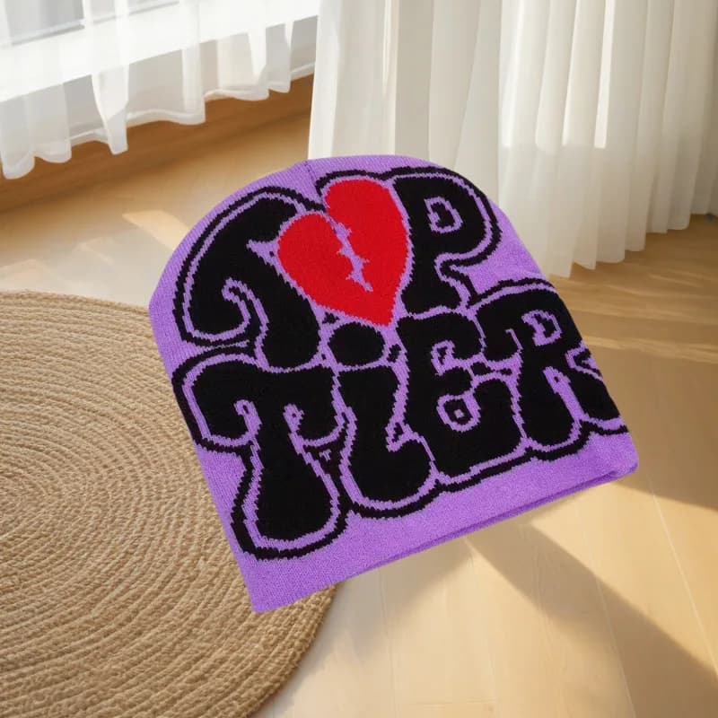Purple Broken Heart POP TIER Letter Knit Beanie Hat, Y2K Streetwear Hip Hop Soft Warm Skull Cap, Trendy Couple Winter Costume Accessory Gift