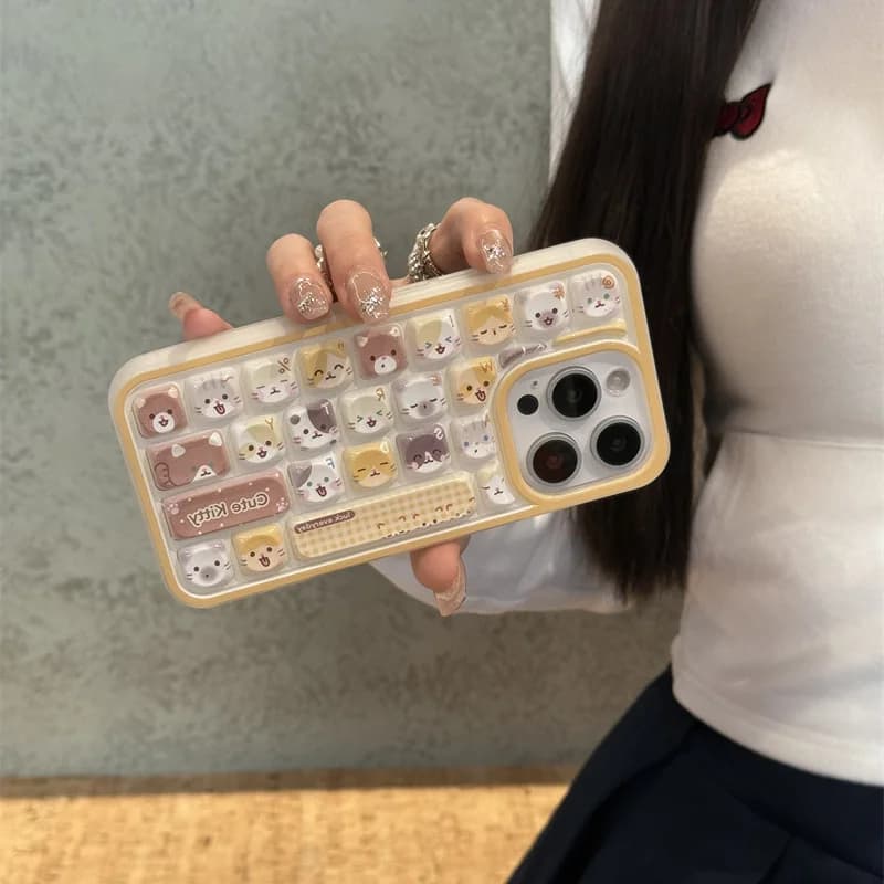 Tastiera 3D simpatico gattino per iPhone 12 13 Pro 14 15Pro 16 Pro Max Custodia per telefono ragazza in silicone Kawaii cartone animato coreano per Apple 15