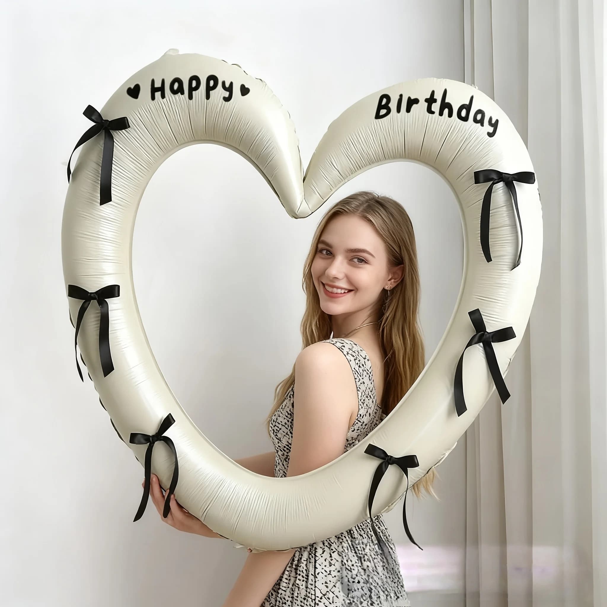 40inch Bowknot Happy Birthday Hollow Heart Aluminum Foil Balloon Set, Includes 1 Balloon, 1 Sticker, 6 Ribbons, Birthday Party Decoration Photo Props