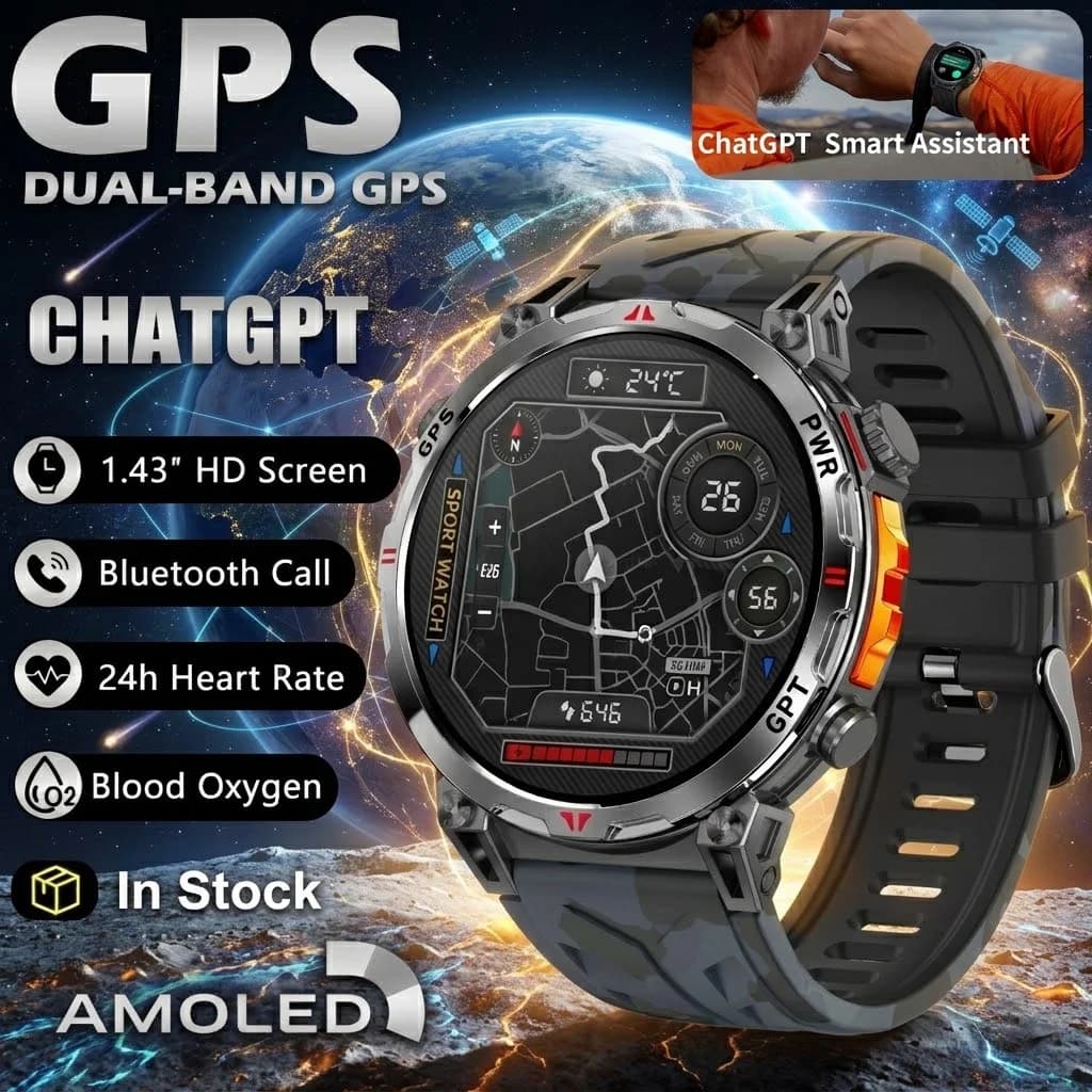 VWAR T-Rex 3 Ultra Military GPS Smart Watch Built-in Dual-Band GNSS Compass 1.56inch AMOLED 10ATM Waterproof Swim SmartWatch Men
