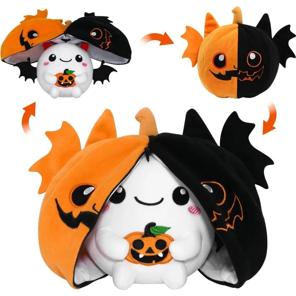 Peluche fantasma pipistrello reversibile per animali di peluche di Halloween, cerniera in peluche zucca trasformata, peluche fantasma pipistrello simpatico peluche Bir