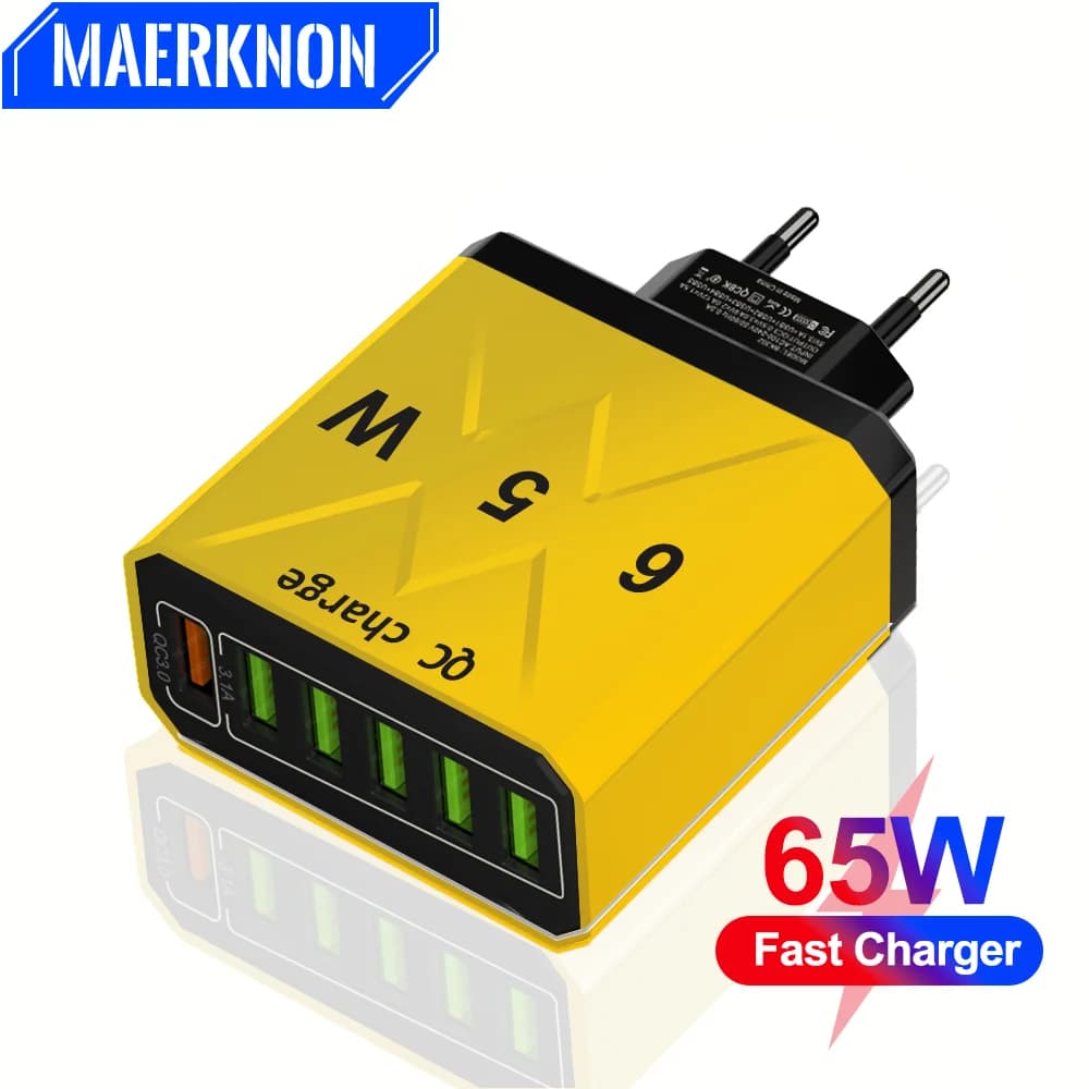 Caricatore USB a 6 porte Caricatore da viaggio QC 3.0 a ricarica rapida da 65 W per iPhone 14 Adattatore per telefono cellulare Samsung Xiaomi Spina EU KR US UK