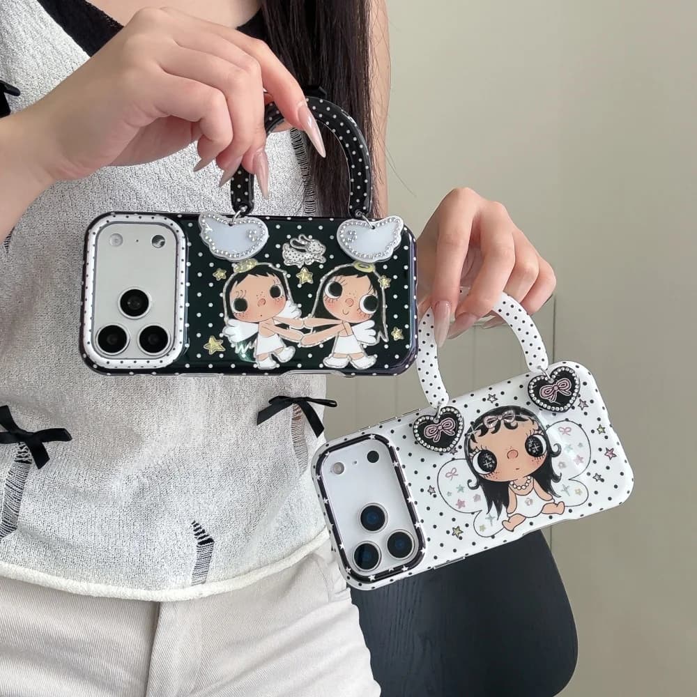 Y2K Korean Ins Cute Cartoon Angel Girl Phone Case For IPhone 17Pro 15 16 17 ProMax 15Pro Black And White Handbag Protective Case